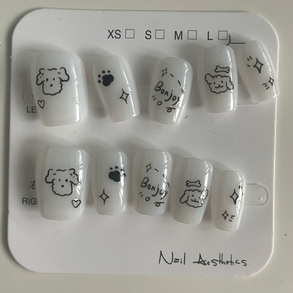White Press-On Nails with Cute Doodle Dog Art Size Large